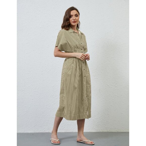 Women Maxi Dress Summer Casual Button Pleated Long Dress Short Sleeve - Picture 5 of 7